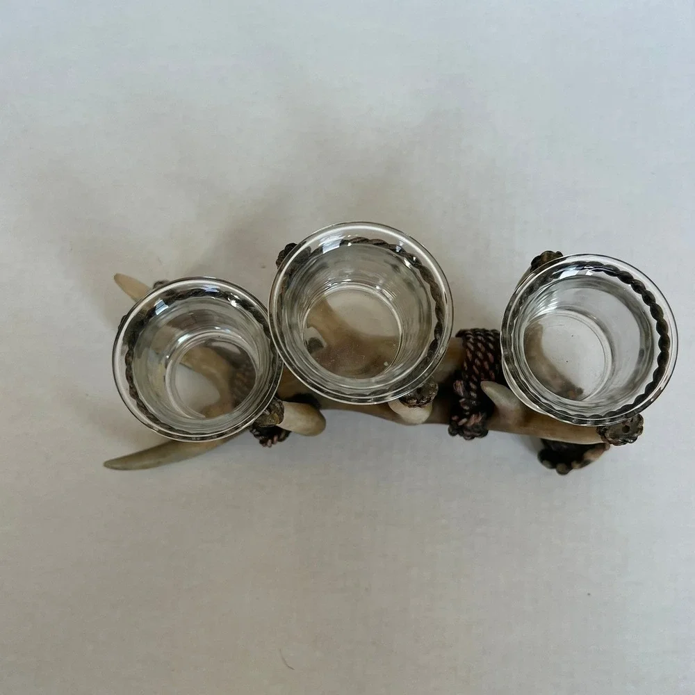 Rustic Faux Antler Triple Votive Candle Holder Lodge Cabin Decor Resin Glass